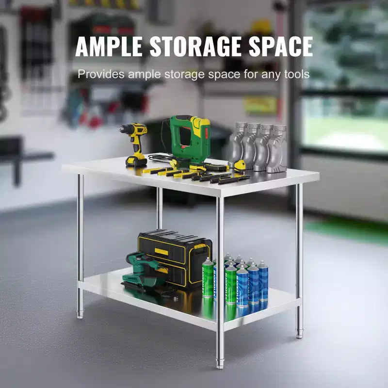 Table de préparation en acier inoxydable, 30 x 48 x 34 pouces, capacité de charge de 880 lb, table de travail en métal robuste avec 3 niveaux de hauteur réglables