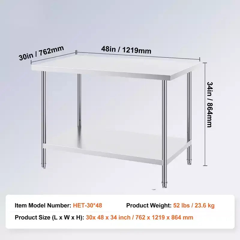 Table de préparation en acier inoxydable, 30 x 48 x 34 pouces, capacité de charge de 880 lb, table de travail en métal robuste avec 3 niveaux de hauteur réglables