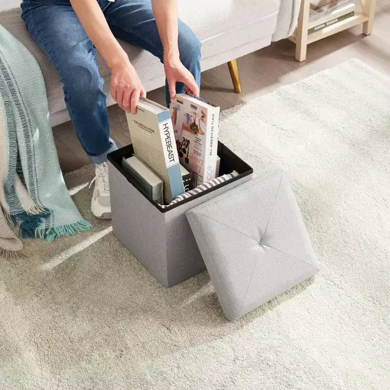 Banc Ottoman Pliable avec Rangement 46/30/15/11.8, Coffre de Rangement, Repose-Pieds en Tissu Lin, Tabourets de Rangement, Ottoman Pliable avec Rangement