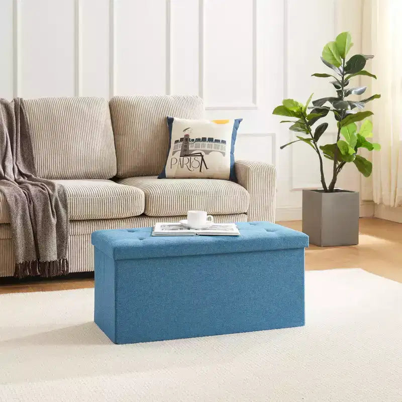 Banc Ottoman Pliable avec Rangement 46/30/15/11.8, Coffre de Rangement, Repose-Pieds en Tissu Lin, Tabourets de Rangement, Ottoman Pliable avec Rangement