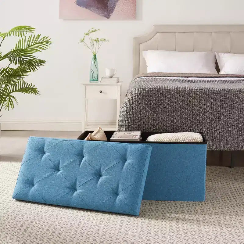 Banc Ottoman Pliable avec Rangement 46/30/15/11.8, Coffre de Rangement, Repose-Pieds en Tissu Lin, Tabourets de Rangement, Ottoman Pliable avec Rangement