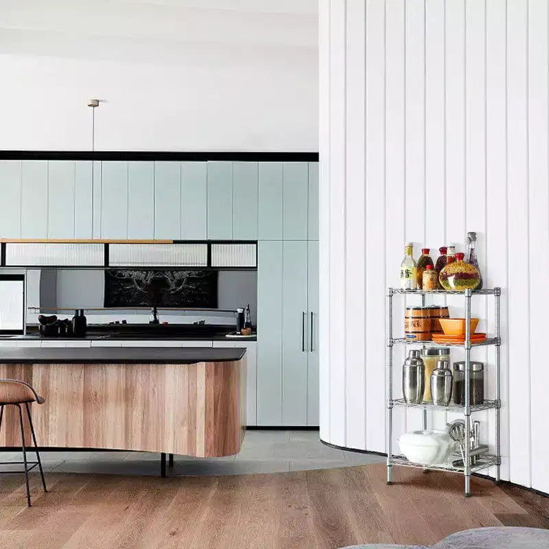 Étagère de rangement 4 tablettes en métal acier, argent