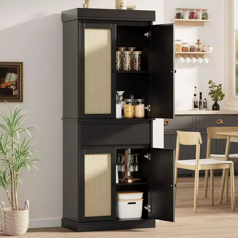 69-inch Tall Pantry Cabinet, Rattan Pantry Storage, Adjustable Shelves, Freestanding Cupboard with Drawer for Bathroom, Dining Room, Living Room