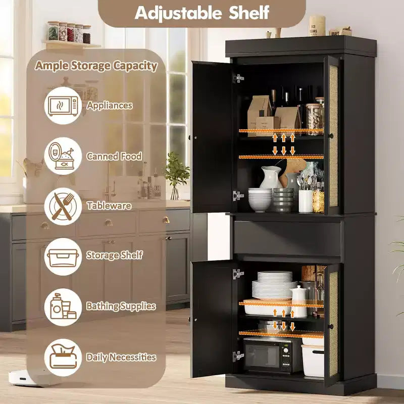 Grand meuble de rangement de 175 cm de haut, armoire de rangement en rotin, étagères réglables, buffet autoportant avec tiroir pour salle de bain, salle à manger, salon