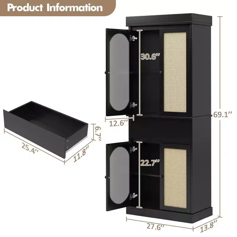 Grand meuble de rangement de 175 cm de haut, armoire de rangement en rotin, étagères réglables, buffet autoportant avec tiroir pour salle de bain, salle à manger, salon