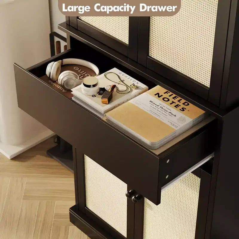 Grand meuble de rangement de 175 cm de haut, armoire de rangement en rotin, étagères réglables, buffet autoportant avec tiroir pour salle de bain, salle à manger, salon