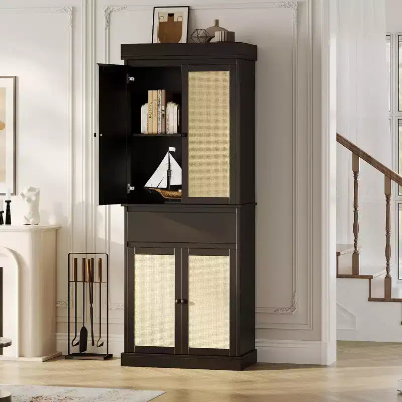 Grand meuble de rangement de 175 cm de haut, armoire de rangement en rotin, étagères réglables, buffet autoportant avec tiroir pour salle de bain, salle à manger, salon