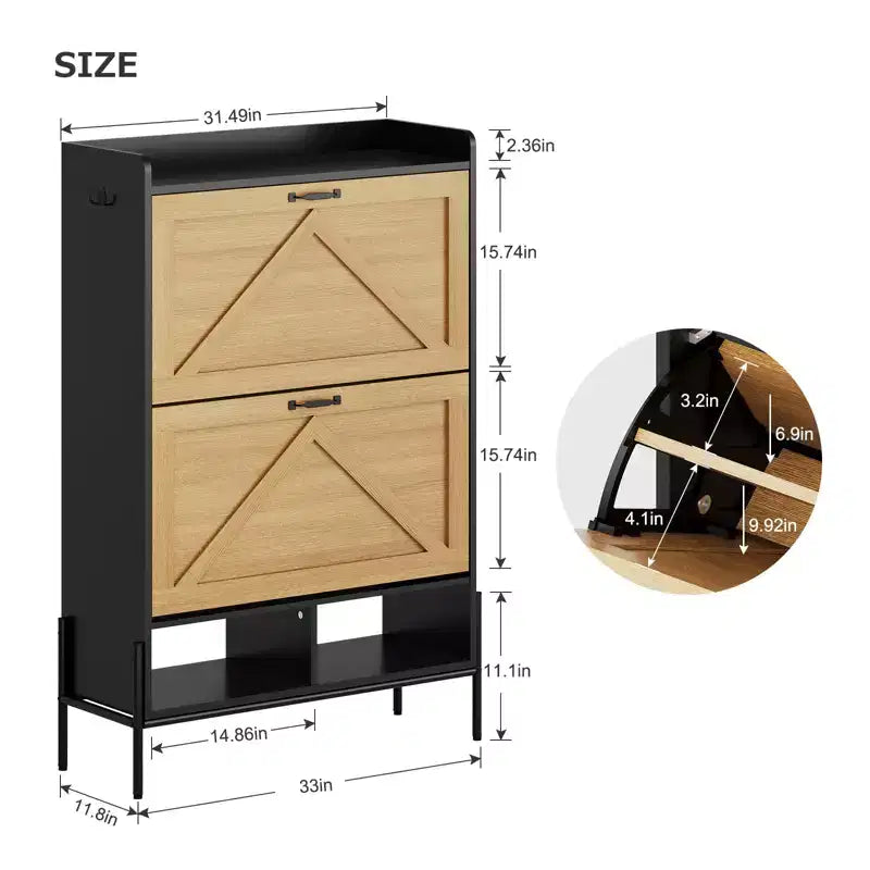 Meuble à chaussures avec 2 tiroirs basculants - Organisateur de rangement autonome pour entrée, Meuble à chaussures étroit, Séparation sec/humide avec pieds en métal