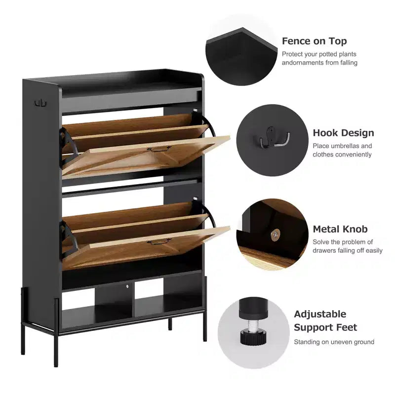 Meuble à chaussures avec 2 tiroirs basculants - Organisateur de rangement autonome pour entrée, Meuble à chaussures étroit, Séparation sec/humide avec pieds en métal