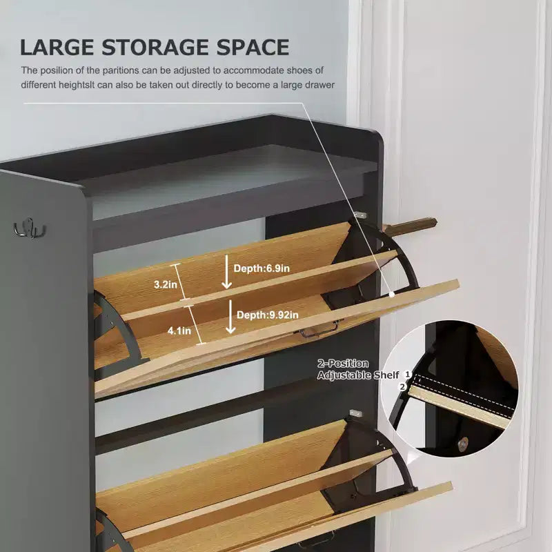 Meuble à chaussures avec 2 tiroirs basculants - Organisateur de rangement autonome pour entrée, Meuble à chaussures étroit, Séparation sec/humide avec pieds en métal