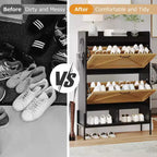 Meuble à chaussures avec 2 tiroirs basculants - Organisateur de rangement autonome pour entrée, Meuble à chaussures étroit, Séparation sec/humide avec pieds en métal