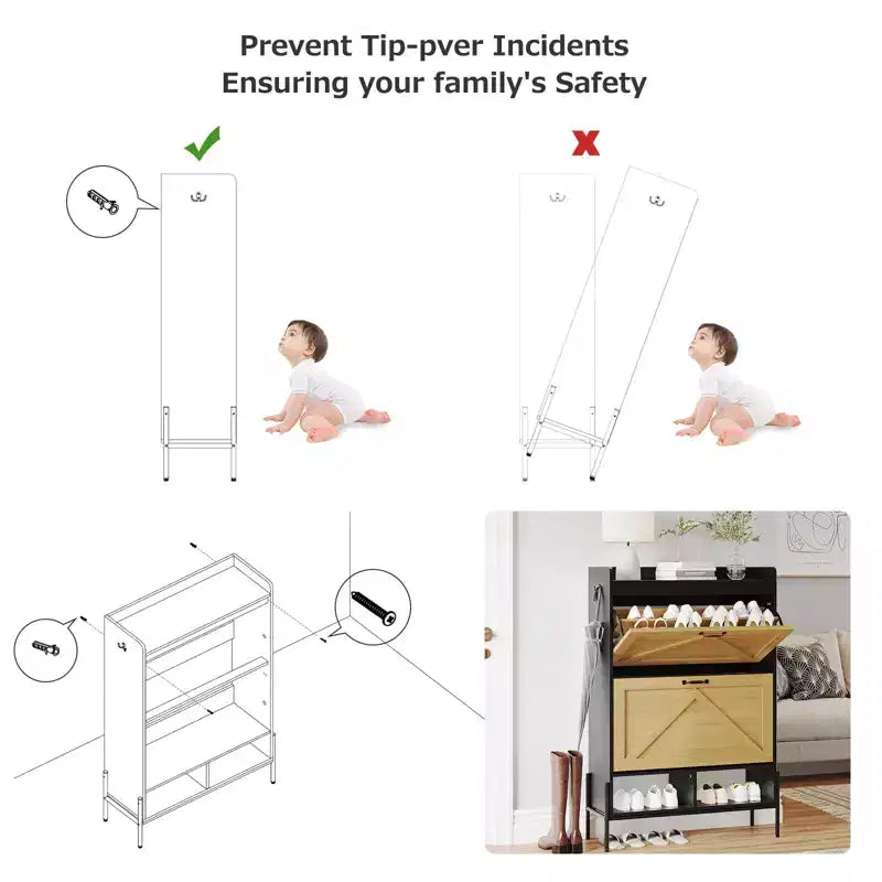 Meuble à chaussures avec 2 tiroirs basculants - Organisateur de rangement autonome pour entrée, Meuble à chaussures étroit, Séparation sec/humide avec pieds en métal