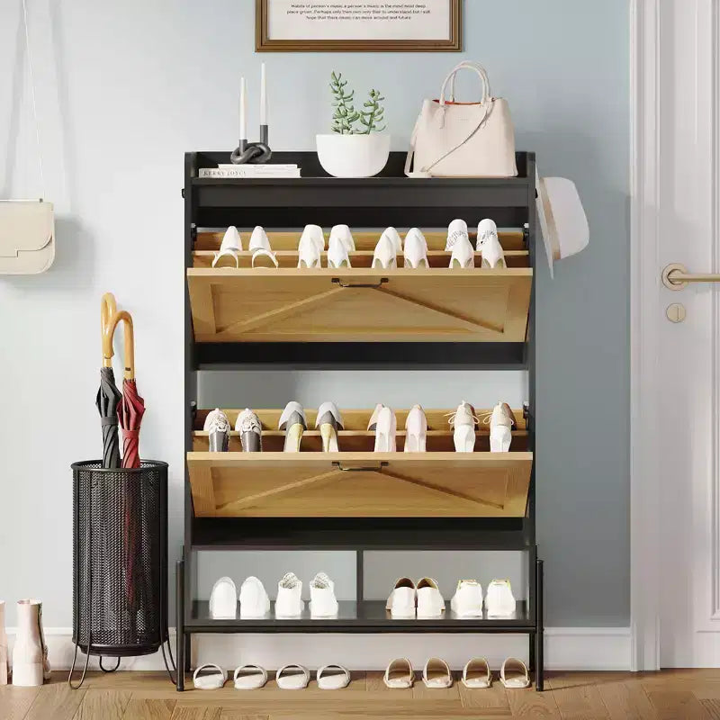 Meuble à chaussures avec 2 tiroirs basculants - Organisateur de rangement autonome pour entrée, Meuble à chaussures étroit, Séparation sec/humide avec pieds en métal