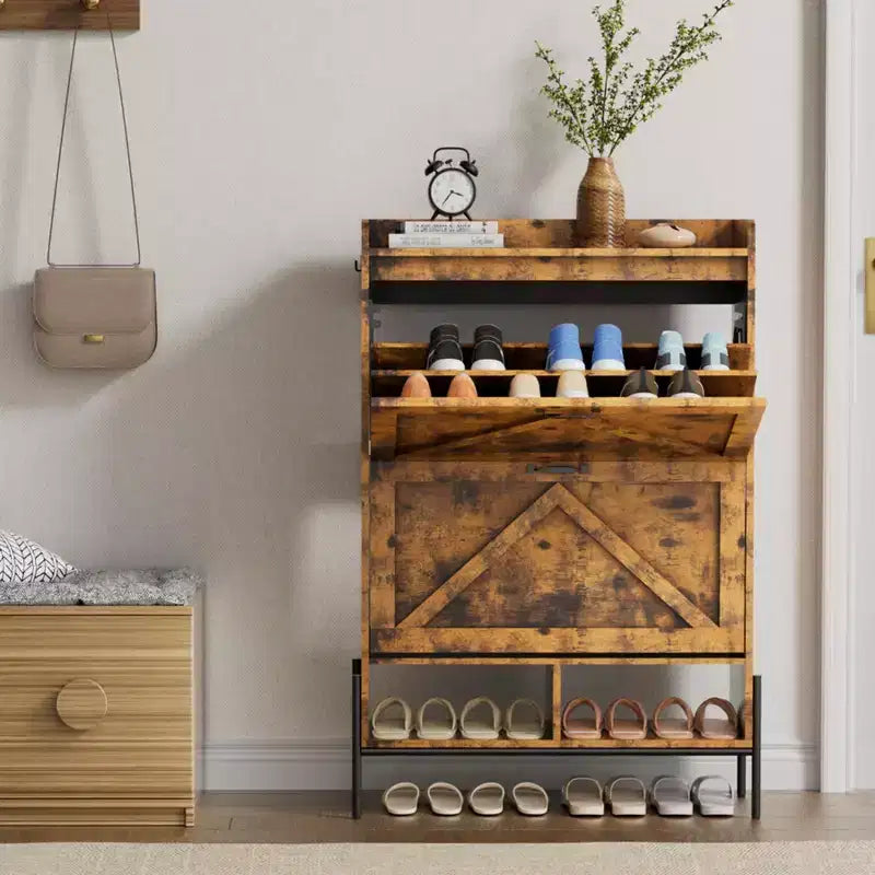 Meuble à chaussures avec 2 tiroirs basculants - Organisateur de rangement autonome pour entrée, Meuble à chaussures étroit, Séparation sec/humide avec pieds en métal