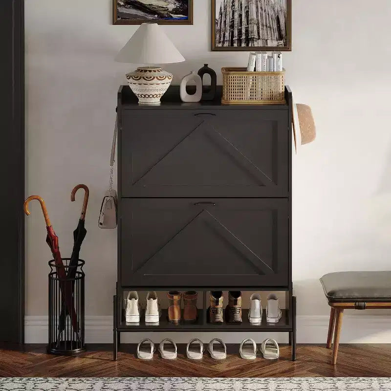 Meuble à chaussures avec 2 tiroirs basculants - Organisateur de rangement autonome pour entrée, Meuble à chaussures étroit, Séparation sec/humide avec pieds en métal
