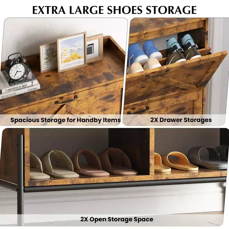Meuble à chaussures avec 2 tiroirs basculants - Organisateur de rangement autonome pour entrée, Meuble à chaussures étroit, Séparation sec/humide avec pieds en métal