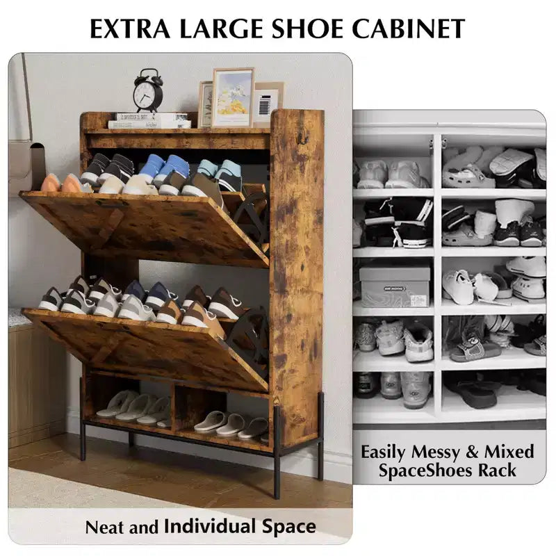 Meuble à chaussures avec 2 tiroirs basculants - Organisateur de rangement autonome pour entrée, Meuble à chaussures étroit, Séparation sec/humide avec pieds en métal