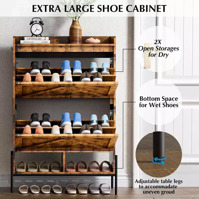 Meuble à chaussures avec 2 tiroirs basculants - Organisateur de rangement autonome pour entrée, Meuble à chaussures étroit, Séparation sec/humide avec pieds en métal