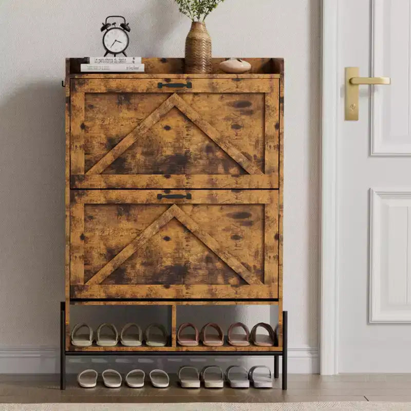 Meuble à chaussures avec 2 tiroirs basculants - Organisateur de rangement autonome pour entrée, Meuble à chaussures étroit, Séparation sec/humide avec pieds en métal