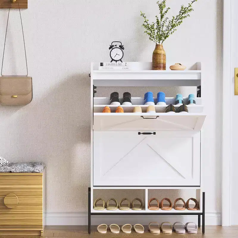 Meuble à chaussures avec 2 tiroirs basculants - Organisateur de rangement autonome pour entrée, Meuble à chaussures étroit, Séparation sec/humide avec pieds en métal