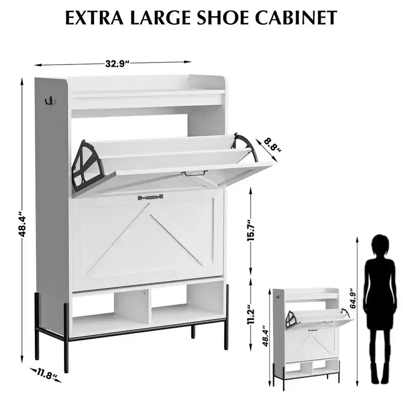 Meuble à chaussures avec 2 tiroirs basculants - Organisateur de rangement autonome pour entrée, Meuble à chaussures étroit, Séparation sec/humide avec pieds en métal