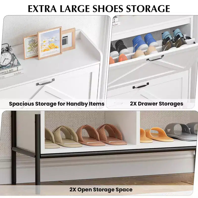 Meuble à chaussures avec 2 tiroirs basculants - Organisateur de rangement autonome pour entrée, Meuble à chaussures étroit, Séparation sec/humide avec pieds en métal