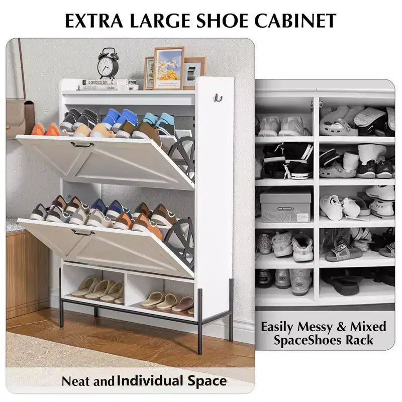 Meuble à chaussures avec 2 tiroirs basculants - Organisateur de rangement autonome pour entrée, Meuble à chaussures étroit, Séparation sec/humide avec pieds en métal