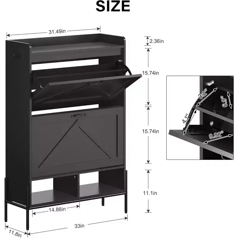 Meuble à chaussures avec 2 tiroirs basculants - Organisateur de rangement autonome pour entrée, Meuble à chaussures étroit, Séparation sec/humide avec pieds en métal