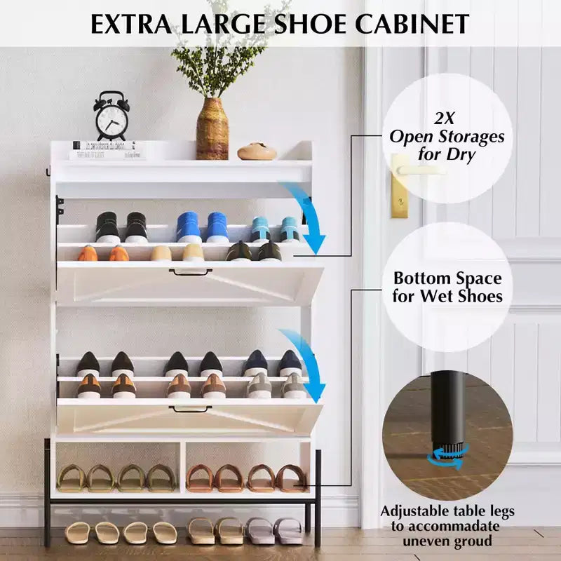 Meuble à chaussures avec 2 tiroirs basculants - Organisateur de rangement autonome pour entrée, Meuble à chaussures étroit, Séparation sec/humide avec pieds en métal