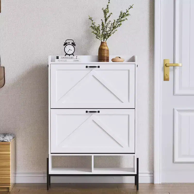 Meuble à chaussures avec 2 tiroirs basculants - Organisateur de rangement autonome pour entrée, Meuble à chaussures étroit, Séparation sec/humide avec pieds en métal