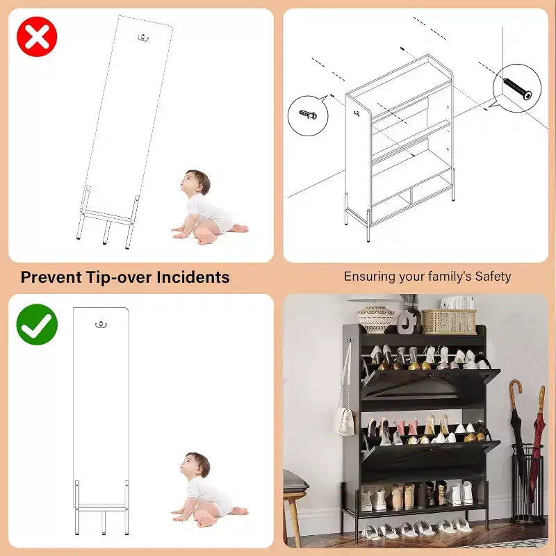 Meuble à chaussures avec 2 tiroirs basculants - Organisateur de rangement autonome pour entrée, Meuble à chaussures étroit, Séparation sec/humide avec pieds en métal