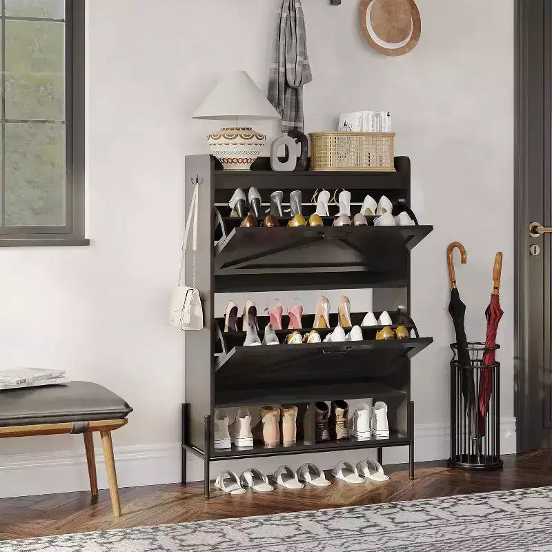 Meuble à chaussures avec 2 tiroirs basculants - Organisateur de rangement autonome pour entrée, Meuble à chaussures étroit, Séparation sec/humide avec pieds en métal