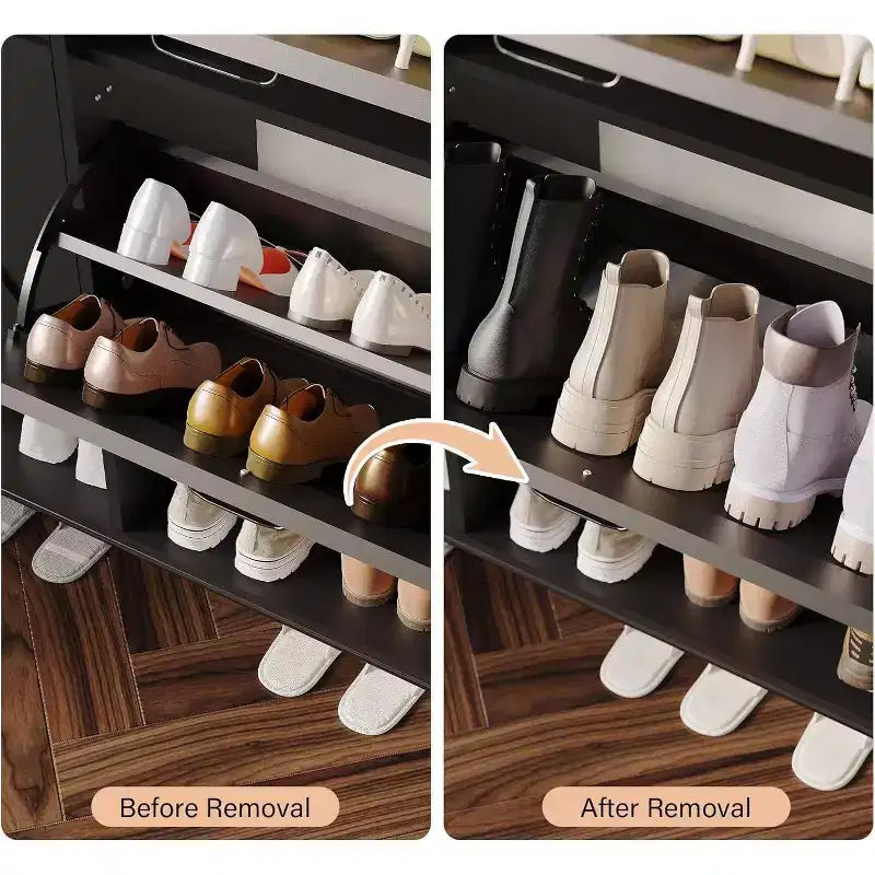 Meuble à chaussures avec 2 tiroirs basculants - Organisateur de rangement autonome pour entrée, Meuble à chaussures étroit, Séparation sec/humide avec pieds en métal