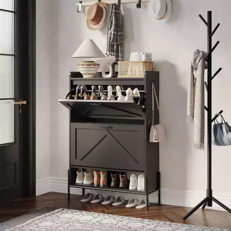 Shoe Cabinet with 2 Flip Drawers - Freestanding Storage Organizer for Entryway, Narrow Shoe Rack Cabinet, Dry and Wet Separation with Metal Legs