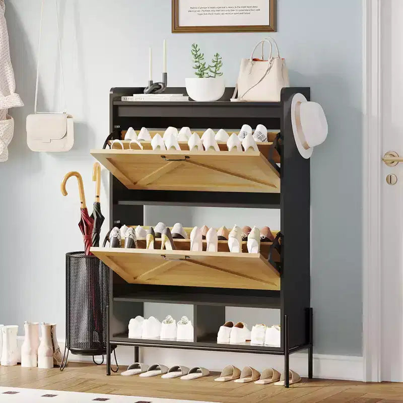 Meuble à chaussures avec 2 tiroirs basculants - Organisateur de rangement autonome pour entrée, Meuble à chaussures étroit, Séparation sec/humide avec pieds en métal