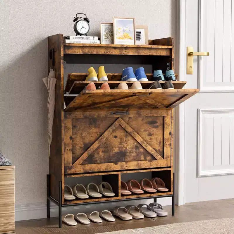 Meuble à chaussures avec 2 tiroirs basculants - Organisateur de rangement autonome pour entrée, Meuble à chaussures étroit, Séparation sec/humide avec pieds en métal
