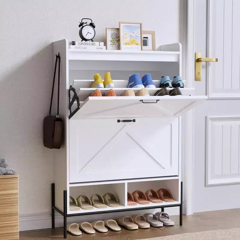 Meuble à chaussures avec 2 tiroirs basculants - Organisateur de rangement autonome pour entrée, Meuble à chaussures étroit, Séparation sec/humide avec pieds en métal