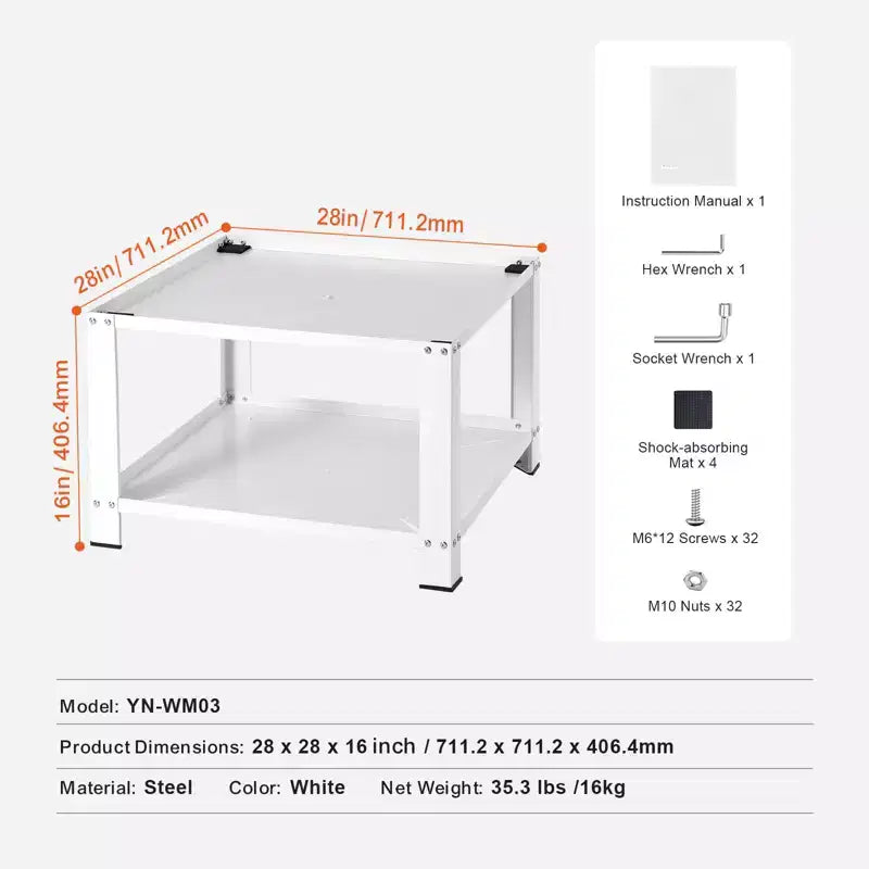Piédestal de laveuse-sécheuse avec étagère de rangement, 71L x 71l x 41H cm, Support de base universel pour laveuse et sécheuse, Capacité de 300 kg