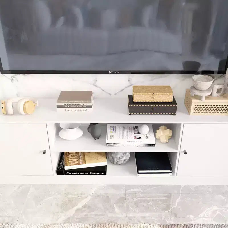 Meuble TV moderne et minimaliste : Meuble console de design moderne avec grand espace de rangement, étagère TV flottante