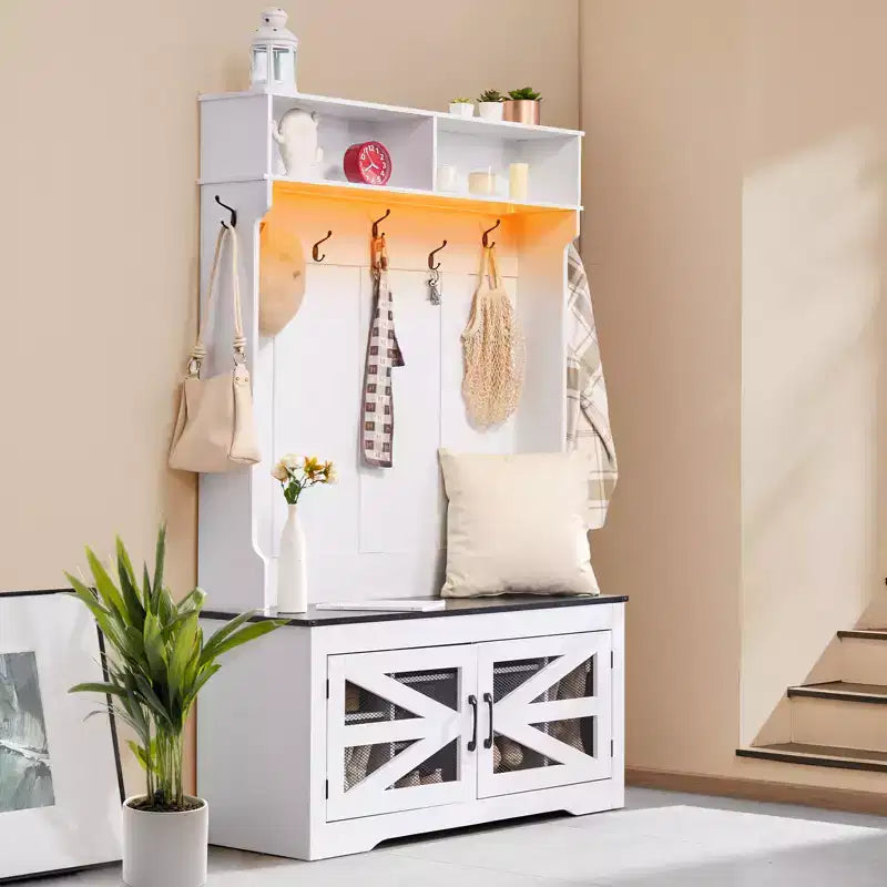 Banc d'entrée avec patère, porte-manteau avec rangement pour chaussures, banc de vestiaire de 107 cm de large avec rangement et assise, étagères réglables et 7 crochets