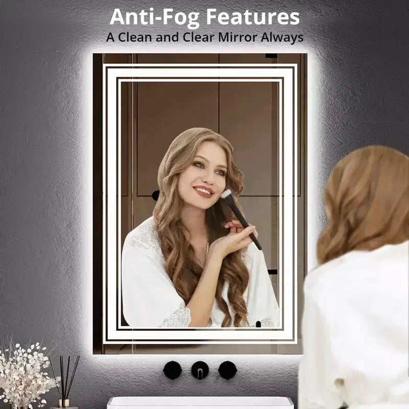 Miroir de salle de bain LED 55x30 avec éclairage, anti-buée, intensité réglable, rétroéclairé + éclairage frontal, mémoire, double LED, 3 couleurs, variation continue