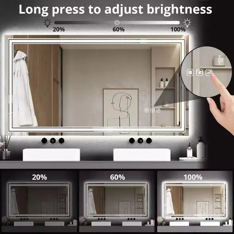 Miroir de salle de bain LED 55x30 avec éclairage, anti-buée, intensité réglable, rétroéclairé + éclairage frontal, mémoire, double LED, 3 couleurs, variation continue