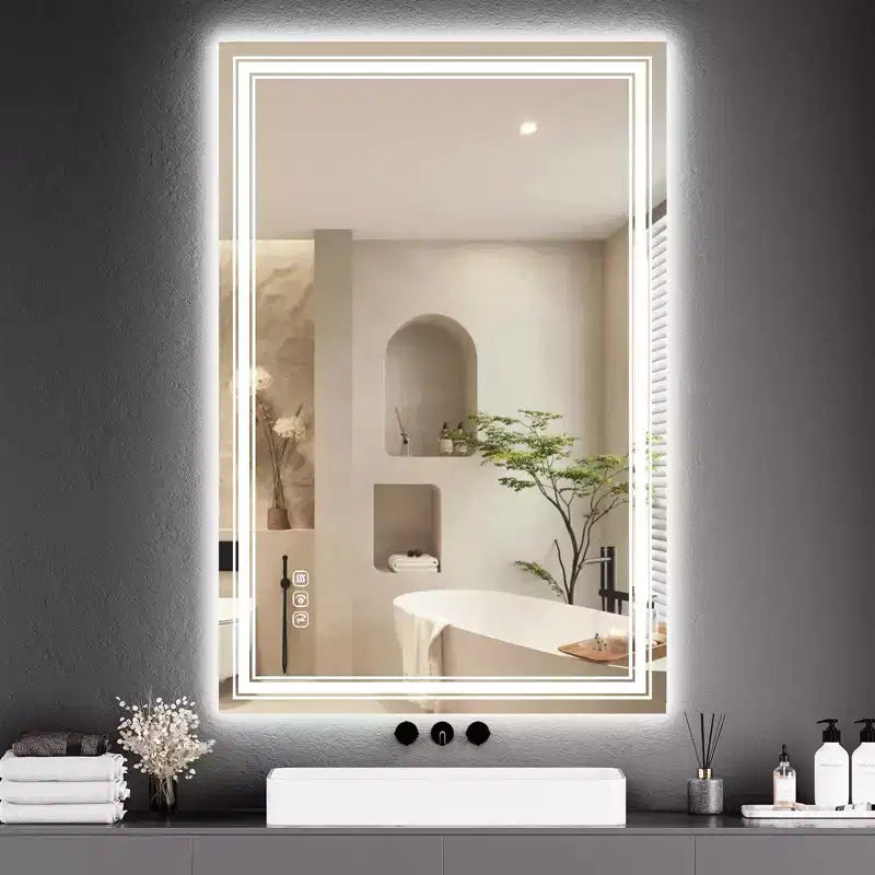 Miroir de salle de bain LED 55x30 avec éclairage, anti-buée, intensité réglable, rétroéclairé + éclairage frontal, mémoire, double LED, 3 couleurs, variation continue