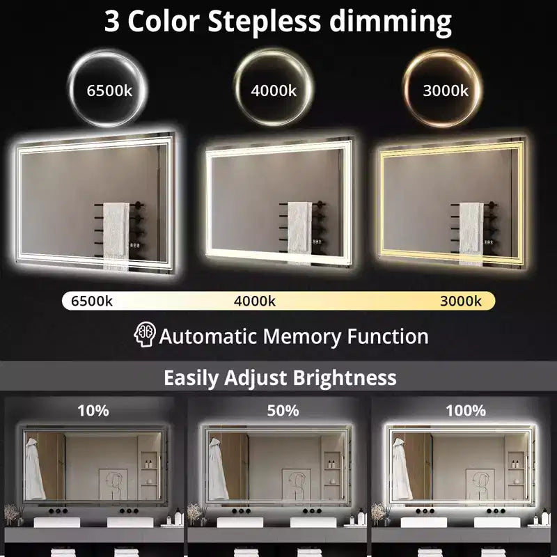 Miroir de salle de bain LED 55x30 avec éclairage, anti-buée, intensité réglable, rétroéclairé + éclairage frontal, mémoire, double LED, 3 couleurs, variation continue