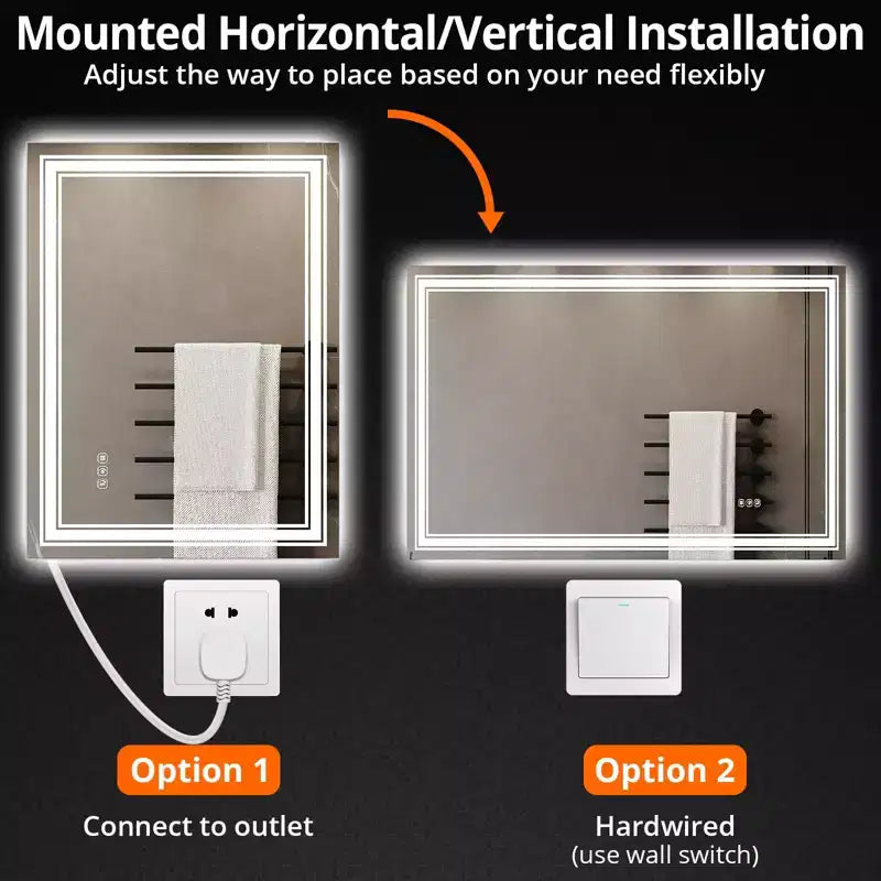 Miroir de salle de bain LED 55x30 avec éclairage, anti-buée, intensité réglable, rétroéclairé + éclairage frontal, mémoire, double LED, 3 couleurs, variation continue