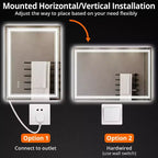 Miroir de salle de bain LED 55x30 avec éclairage, anti-buée, intensité réglable, rétroéclairé + éclairage frontal, mémoire, double LED, 3 couleurs, variation continue