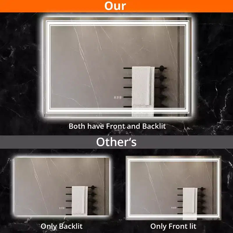 Miroir de salle de bain LED 55x30 avec éclairage, anti-buée, intensité réglable, rétroéclairé + éclairage frontal, mémoire, double LED, 3 couleurs, variation continue