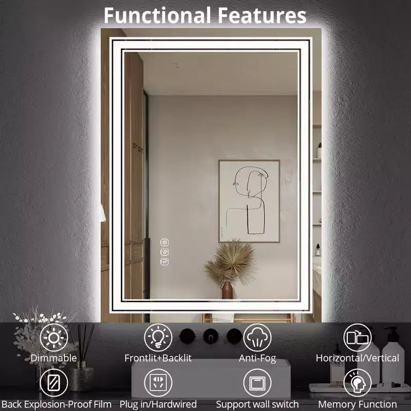 Miroir de salle de bain LED 55x30 avec éclairage, anti-buée, intensité réglable, rétroéclairé + éclairage frontal, mémoire, double LED, 3 couleurs, variation continue