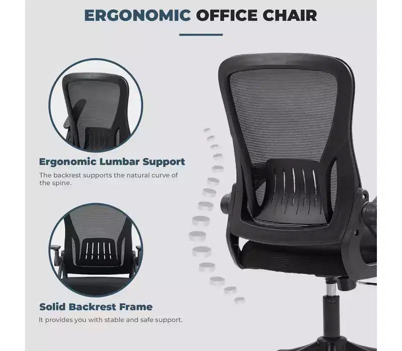 Chaise de bureau ergonomique avec accoudoirs relevables et support lombaire – Chaise pivotante réglable avec siège rembourré et dossier en maille (Noir)
