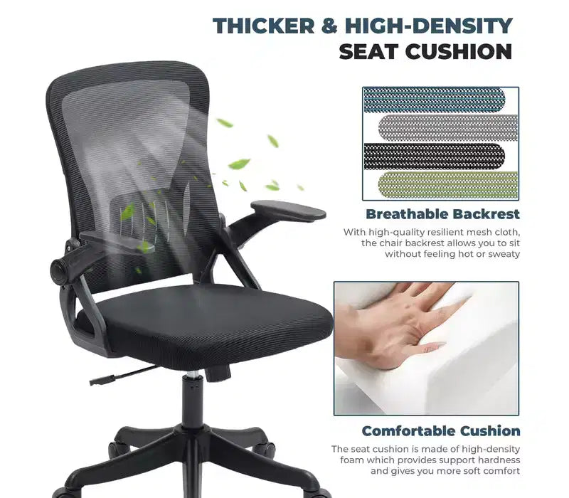 Chaise de bureau ergonomique avec accoudoirs relevables et support lombaire – Chaise pivotante réglable avec siège rembourré et dossier en maille (Noir)